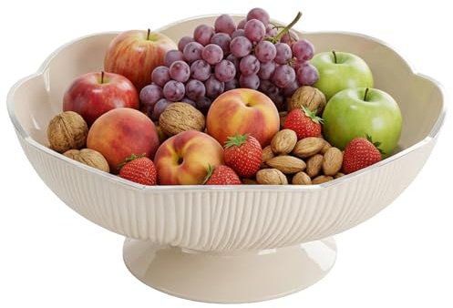 Grsrkep White Fruit Bowl for Kitchen Counter with Drain Holes, Cream White Pedestal Bowl, Large Decorative Serving Bowls with Floral Design