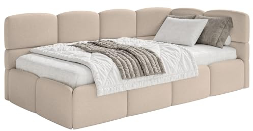 Selsey Jugendbett 120x200cm Beige Chenille Stoff mit Stauraum und Lattenrost, Polsterbett mit Bettkasten, gepolstertes Kinderbett 120x200, Jugendbett rechtsseitig mit Eckkopfteil