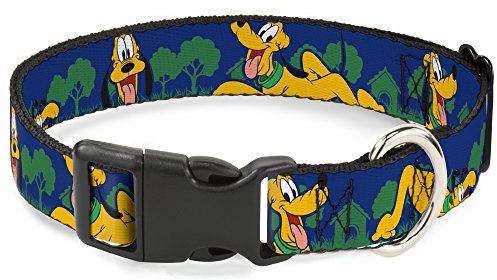 Disney Pet Collar, Dog Collar Plastic Buckle, Pluto Poses Landscape Blue Green, 16 to 23 Inches 1.5 Inch Wide | Pluto Poses Landscape Blue Green Durable Adjustable ID Tag Ring Side Release