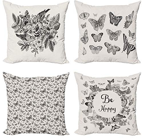 ABAKUHAUS Jahrgang Dekokissen Kissenbezug 4 er Pack, Be Happy Schmetterling Blumen, Modern Accent Doppelseitiger Digitaldruck, 40 x 40 cm, Eierschalenfarben Anthrazit
