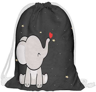 Kinder Turnbeutel mit Namen Beutel Fullprint Tasche Gymsac Jutebeutel Print Bag Fitness Elefant und Herz [010]