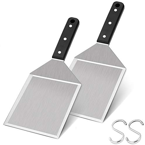 Leonyo Metallspachtel, 2 Stück, robuste Edelstahl-Grillpfanne, Burger-Spatel, als Grillwender, Grill-Zubehör, Dreifachnieten & 2 x S-Haken, spülmaschinenfest, zerbrechen Burger