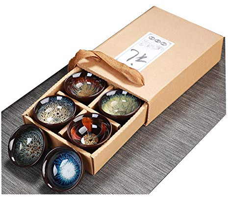 JianZhan Tenmoku - Tazze da tè in 6 colori, fatte a mano, in ceramica, confezione regalo da 6 pezzi