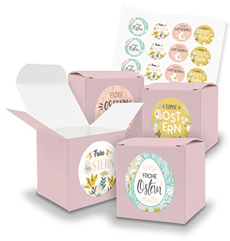 itenga Ostergeschenkverpackungen 24x Geschenkschachtel in rosa mit Aufkleber Frohe Ostern Geschenkverpackung Gastgeschenk Osternest Mini Deko Ostern hochwertig in Pastell