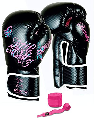 Islero Gants de boxe en gel rose pour femme - Sac de frappe MMA - Cuir - Muay Thai Kick Boxing - Avec bandages roses (410 g)
