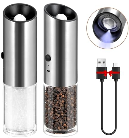 VEVOK CHEF Rechargeable Electric Salt and Pepper Grinder Set with LED Light USB Automatic Gravity Stainless Steel Mill Spice Adjustable Coarseness One-handed Operation Housewarming Gifts, White