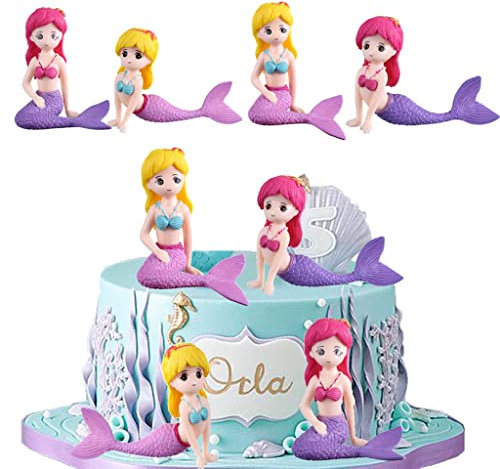 Dalettu 4 Stück Meerjungfrau Geburtstag Kuchen Dekoration, Figur Tortendeko, Cupcake Topper, Kuchendeko für Kinder Mädchen Baby Dusche Weihnachten