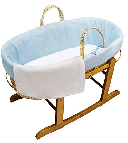 Kinder Valley Blue Hand-woven Palm Moses Basket with Deluxe Natural Rocking Stand, Fibre Mattress, Flat Fitted Sheet & Cellular Baby Blanket,