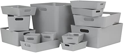 Wham Studio 13 Piece Multi-Size Set Plastic Storage Baskets | Ideal for Kitchens, Bathrooms, Stationery & More | Easy Access Integrated Handles | Made in the UK - Cool Grey