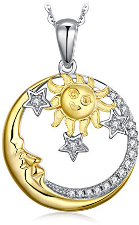 JewelryPalace Vintage Sonne Mond Stern Gelb Gold Kette Anhänger, Halsketten Damen Silber 925 Collier Damen mit Rundem Anhänger Vergoldet, Himmelskörper Schmuck Mädchen Geschenk für Frauen 45CM