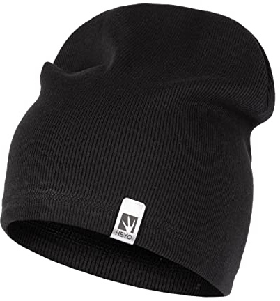 HEYO Mütze Slouch Beanie Damen Herren Strickmütze Gerippte Baumwolle (Schwarz)