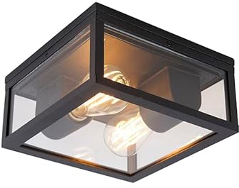 Qazqa Smart led Design außen Deckenleuchte, Deckenlampe für den Garten - Charlois - Schwarz, inkl. 4.9W LED-Lampe, dimmbar, 24cm, IP44, Quadratisch, 2-flammig
