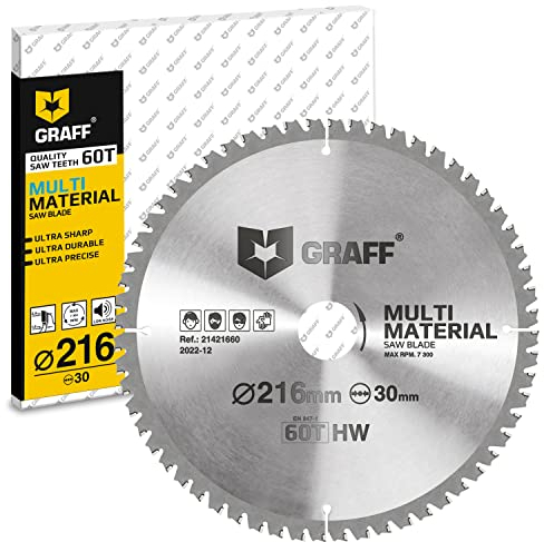 GRAFF Sägeblatt 216x30 Metall Holz Aluminium Laminat Kunststoff – Multi Material Kreissägeblatt 216x30 mm für Kappsäge, Tauschsäge, Tischkreissäge, Akku Handkreissäge – Professional Sägeblatt 216x30