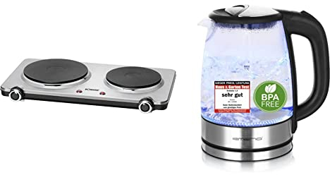 Bomann Doppel-Kochplatte DKP 5033 E, ideal für Camping, Küche oder Büro, zwei Kochplatten groß 18 cm und klein 15 cm, edelstahl & Emerio WK-119988 Glas Wasserkocher,1.7 Liter, Schwarz, Silber