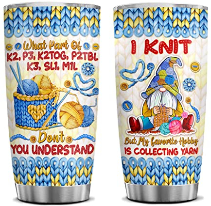 4LIEUBASMI Strickende Zwerge Edelstahl Kaffee 590 ml Becher Lustige Geschenke Ideen Weihnachten Geburtstag Stricken Geschenke für Frauen Stricker Liebe Stricken Niedliches Garn Sammler Reisebecher