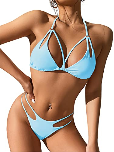 PONCEAU Damen Bikini Set Sexy String Tanga Bikini Neckholder Triangle Zweiteiliger Badeanzug Kreuz vorne High Waist Bademode Bikinioberteil Strandmode