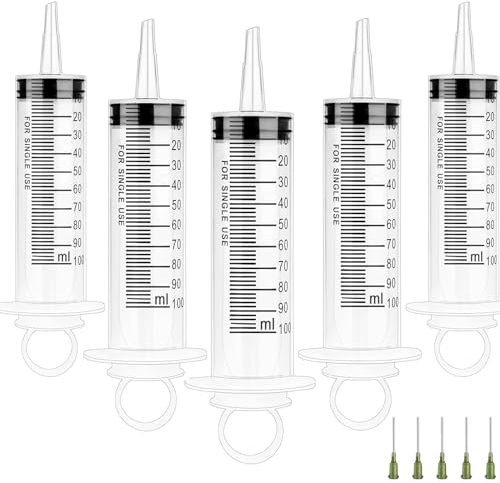 Spritze 100ml mit Stumpfer Nadel 5 Stück Spritzen 100ml Steril Verpackt Dosierspritze Wiederverwendbar für Fütterung Pflanzenbewässerung Motoröl oder Bremsflüssigkeit