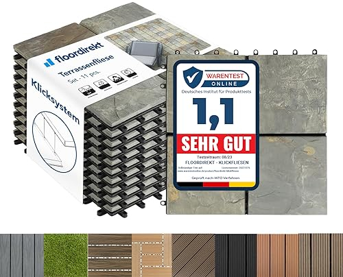 Floordirekt Piastrelle in ardesia naturale per giardino 30x30 cm, 1m² 11 pezzi, per terrazze e balconi - Rivestimento per pavimenti - Resistente alle intemperie con funzione di drenaggio | Stein
