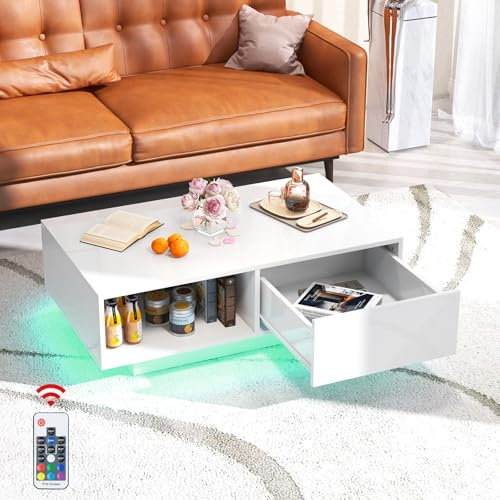 GOPLUS Couchtisch mit LED-leuchten, Kaffeetisch mit offene Ablage & Schublade, Sofatisch mit Fernbedienung, für Wohnzimmer, Gesellschaftszimmer, Büro (Weiß)