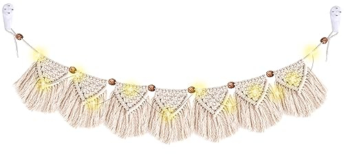 YAKLEE Makramee Wandbehang Boho Deko, Handgewebt Makramee Wandteppich Fransengirlande mit 3m LED Lichterkette, Boho Wanddeko Banner für Wohnzimmer Schlafzimmer Hochzeit Party Deko(132 * 14cm)