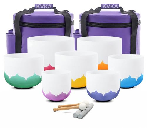 KVKA Kristall-Klangschalen Set, 6-12 inch 432Hz Lotus Chakra Sound Healing Klangschalen für Meditation Yoga Stressabbau Schlafhilfe Energiearbeit mit Tragetasche