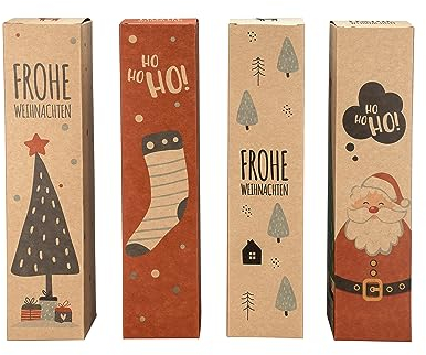 Geschenktüten für Flaschen – Motiv: Weihnachten – 4 verschiedene Geschenktaschen im Set – 8 x 8 x 33 cm groß – Flaschentaschen für Wein aus Kraftpapier – Weihnachtstüten als Geschenkverpackung