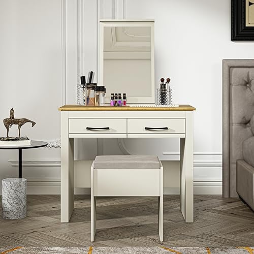 Galano Limestone Dressing Table with Mirror and Cushioned Stool - Bedroom Large Vanity Makeup Table with Drawer Storage – Console Table for Home Hallway and Living (Light Grey)