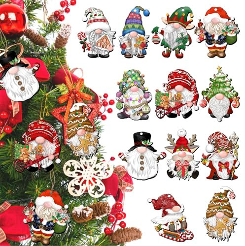 24Pcs Christmas Gnome Wooden Hanging Ornaments, Wooden Hanging Decor for Christmas Tree Decorations with Twine, Santa Doll Elf Wood Hanging Craft for Xmas Decor Home Party Supplies