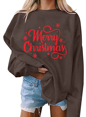 Generisch Strickset Damen Weihnachten Druck O-Ausschnitt Lässige Lose Sweatshirt Rundhalsausschnitt Fit Pullover Tops Langarm Workout Shirts Pullover Sexy Damen (Coffee, XXL)