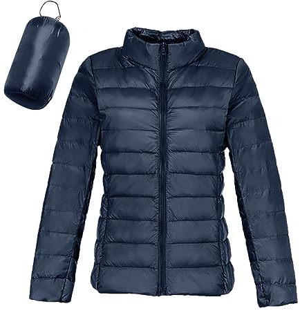 Ultraleichte Steppjacke mit Beutel: Leichte Langarm Federleichte Doppeljacke Outdoorjacke Winter Kurz Warme Übergangsjacke Daunenjacke Gefüttert Reißverschluss ohne Kapuze Winterjacke Steppjacke
