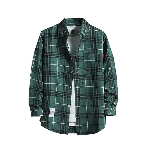 Chemise à manches longues pour homme - Coupe droite - Chemise à carreaux - Chemise boutonnée - Infroissable - Coupe droite - Chemise d'affaires avec poche, vert, L