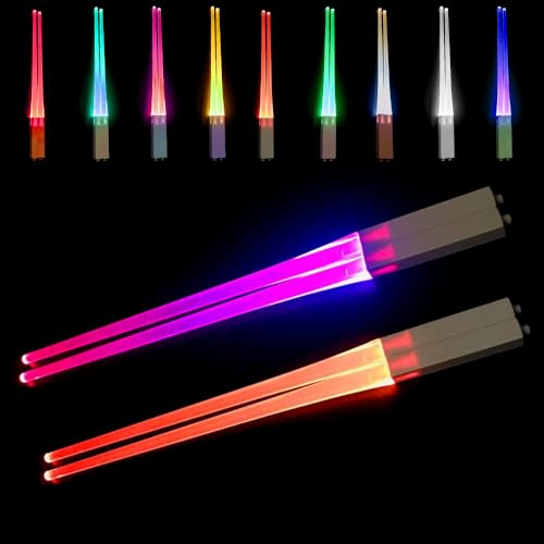 PLLYPE Leuchtende Essstäbchen, 2 Paar LED Essstäbchen Leuchtende mit 9 Farbmodi, Lichtschwert Essstäbchen, Lightsaber Chopsticks BPA Frei Wiederverwendbar für Sushi, Besteck, Küche, Dinnerparty