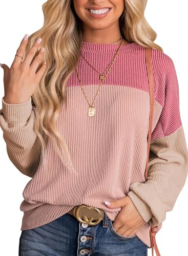 Cuptacc Oversize Pullover Damen Strick Farbblock Top Damen Rundkragen Sweater Casual Tuniken für Damen Rose Mittel M 38-40