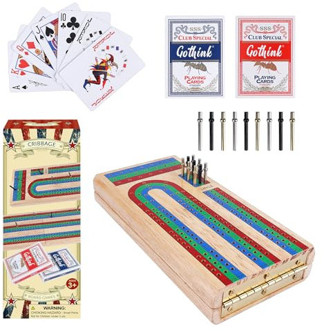 Cribbage Board Game Set w/Storage - 9 Metall Pegs, 2 Decks von Spielkarten, 3-Track Folding hölzerne Brettspiele für Erwachsene & Kinder - 2-4 Spieler Spiele - Ideal für Familie Game Night, Reisen