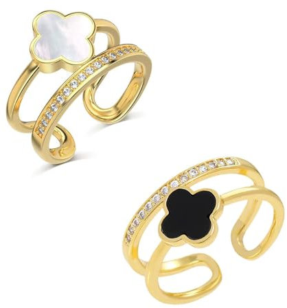 LAKEMON Goldener Kleeblattring für Damen, zierlicher, auffälliger, Verstellbarer Ring mit offenem Zirkonia, Schmuck für Damen (2pcs)