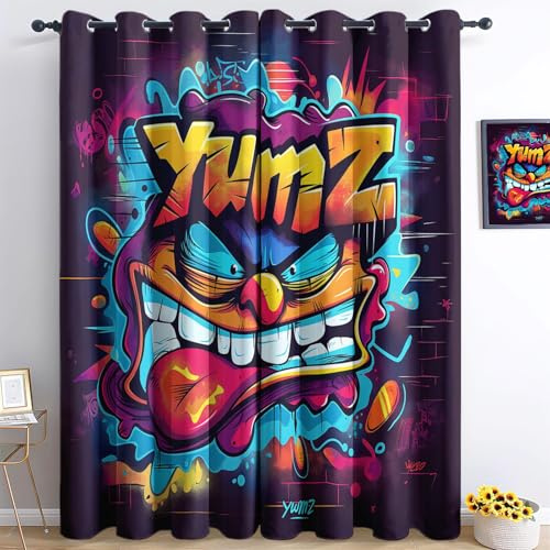 Generisch H166 x B150 cm Vorhang Wärmeisolierend Set, Bunt Blickdichte Gardinen, Graffiti Kunsttext Thermo Vorhänge für Schlafzimmer Wohnzimmer Kinderzimmer Küche Fensterdekoration