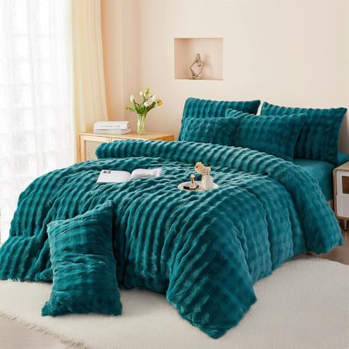 Boqingzhu Plüsch Bettwäsche 200x220cm Petrol Blau Kuschelig Flauschig Warm Winter Flanell Fleece Bettwäsche Set Kaninchen Kunstfell Bettbezug mit Reißverschluss und Kissenbezug 80x80cm