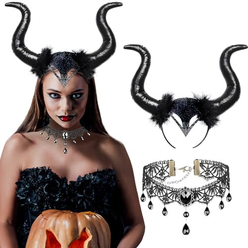 Bandeau Corne de Démon Diable Noir,CIYIN Cornes de Diable,Démon Serre-tête Cornes Reine Bandeau Noir,Halloween Corne Malefique, Cornes Diable Noires avec Chocker Dentelle,pour Cosplay Carnaval