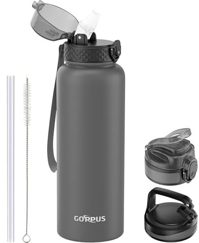 GOPPUS Botella de agua de acero inoxidable de 1.2 L/40 onzas con pajilla, botellas aisladas de doble pared con correa, termo grande al vacío, a prueba de fugas, botellas de bebidas frías con tapa
