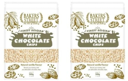 Bakers Street White Chocolate Chips 2X500g BakeStable Chocolate For Baking & Desserts - Ideal for Cakes, Cookies, Muffins, Smooth Melting, Decorating & Chocolate Fountains