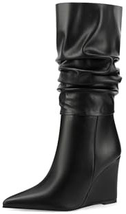 QUEEN HELENA Stivaletti con Zeppa Stivali a Punta Arricciati Casual Donna K3454 (Nero, Sistema Taglie Calzature EU, Adulto, Donna, Numero, Media, 41)