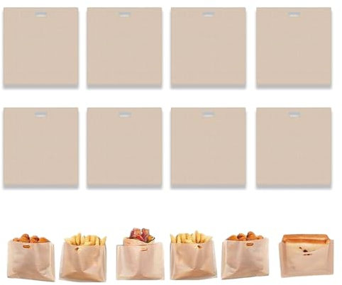 Non Stick Reusable Toastabags, Pack of 8 Toaster Bags, for Pizza Pieces, Cheese Sandwiches, Snacks Chicken Nuggets, Heat Resistant up to 245°C, Teflon Toaster Bags for Microwave, Grill, Toaster