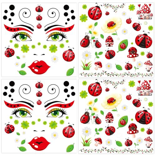 HOWAF 4 Bogen Gesichtstattoo Marienkäfer Tattoo, Face Tattoo Marienkäfer Temporäre Tattoos, Gesichtstattoo Karneval Gesichtstattoo Halloween für Marienkäfer, Halloween Kostüm, Karneval Fasching Kostüm