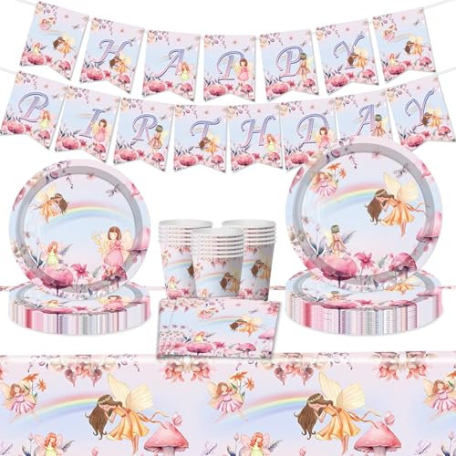 Flower Fairy Elf Girls Birthday Party Tableware Set, Elf Princess Pink Party Decorations, Fairy Birthday Banner Bunting, Pink Paper Plates and Napkins for Girls 16 Guests