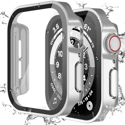 Kawoco Schutzhülle für Apple Watch SE Series 4/5/6/ 44mm Hülle mit Panzerglas Displayschutz, Wasserdicht Hart PC Flache Kante Case, Hochempfindliche Schutzfolie für iWatch 44mm Silber