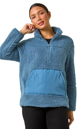 Roman Funnel Neck Half Zip Fleece Jacket for Women UK - Ladies Autumn Everyday Winter Holiday Long Sleeve Soft Pouch Pocket Comfy Fluffy Coat Office Desk Pullovers - Denim - Size 18