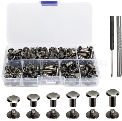 120 Sets Chicago Screws, M5 x 4/5/6/8/10/12Rivet Chicago Binding Screws, Chicago Book Binding Screws, Metal Rivets with Punch and Screwdriver,Rivets for Leather,Bags,Collar,Purse,Backpack,Belt (Black)