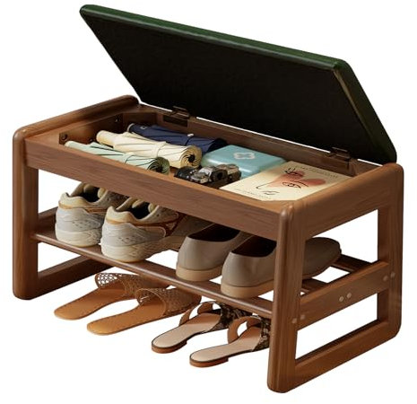 AQIMUELE Kleine Schuhbank mit Lederkissen, 2 Ebenen, Schuhregal, Bank mit Klappdeckel, Schuhregal aus Holz für den Eingangsbereich, Grün, 60 cm