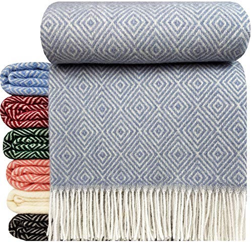STTS International Wolldecke 100% Schurwolle Wohndecke 140 x 200 cm Tagesdecke Schurwolldecke Woll-Plaid Tirol in vielen Farben erhältlich (Hellblau (D-V))