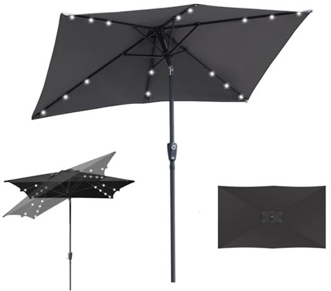 Fiqops Sonnenschirm LED Solar 210 x 140cm mit Kurbel | Sonnenschirm Rechteckig Sonnenschutz UV50+ Knickbar, Ampelschirm Terrassenschirm wasserdicht für Garten, ohne Ständer, Grau